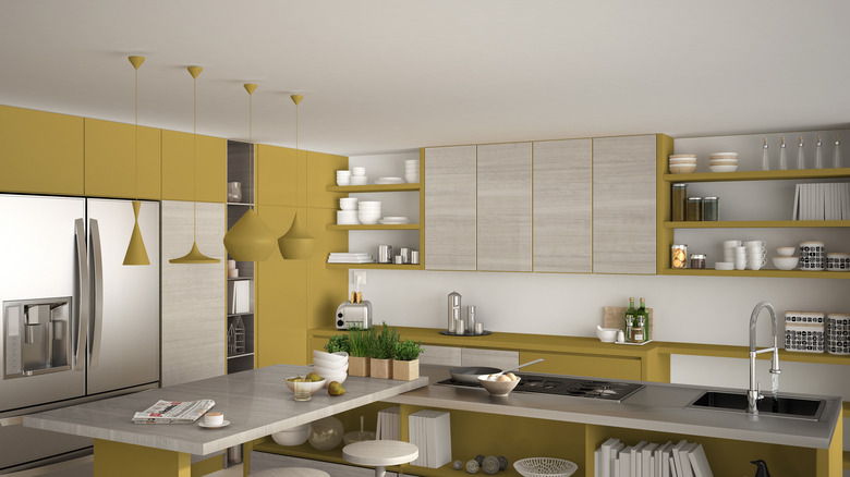 lights in a yellow kitchen