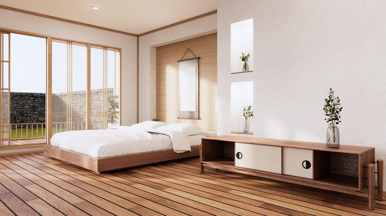 minimalist bedroom with wood floor