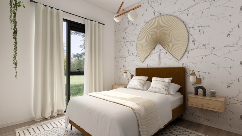 wallpapered bedroom 