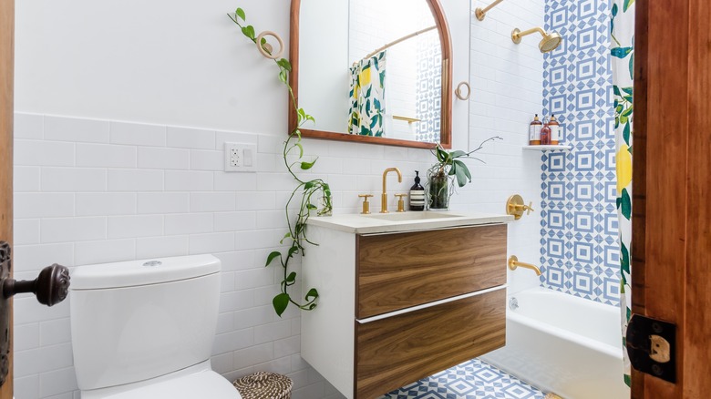 Brown white and blue bathroom