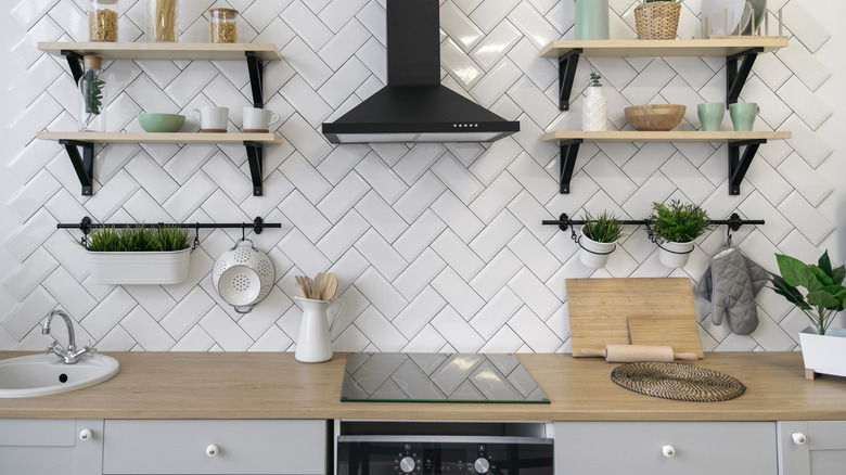 white herringbone backsplash 