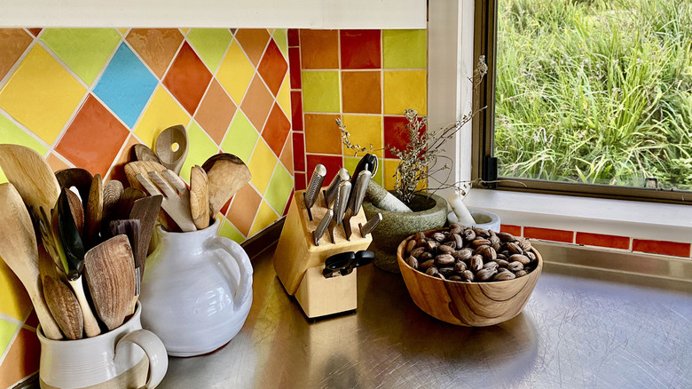 brightly colored tile kitchen backsplash