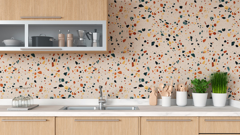 colorful speckled kitchen backsplash