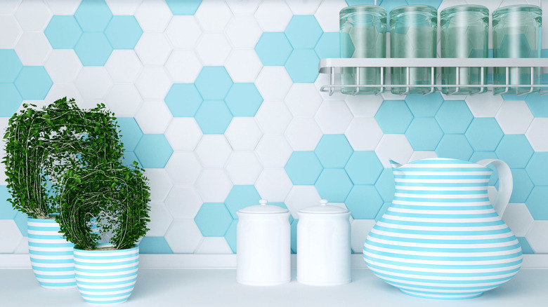 blue and white patterned backsplash