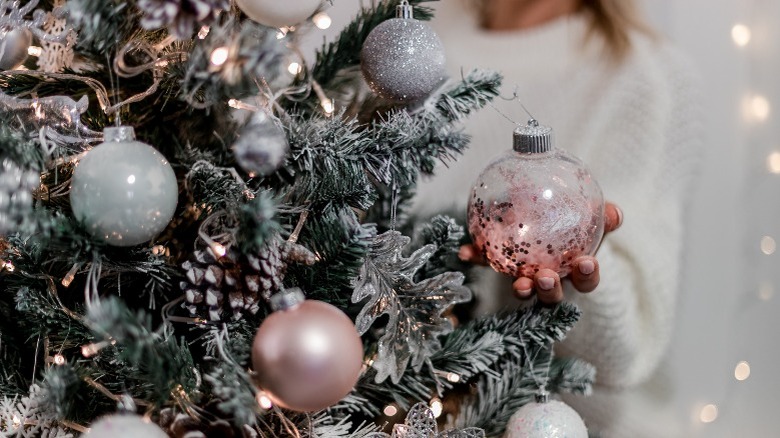 Frosted tree with pink ornaments