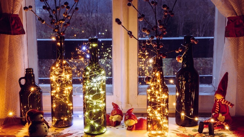 Wine bottles with twinkly lights