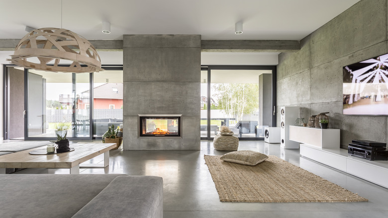 living room with cement walls