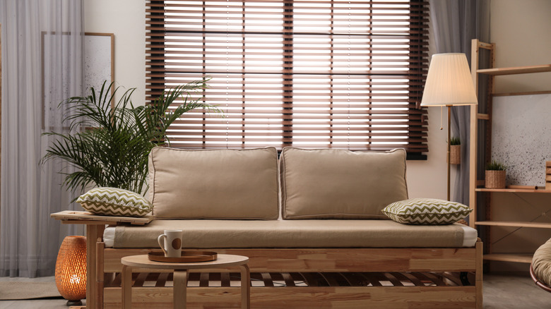 living room with window blinds