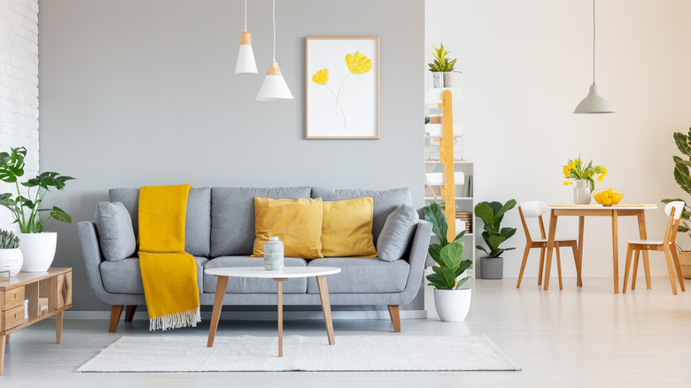 living room with yellow accents