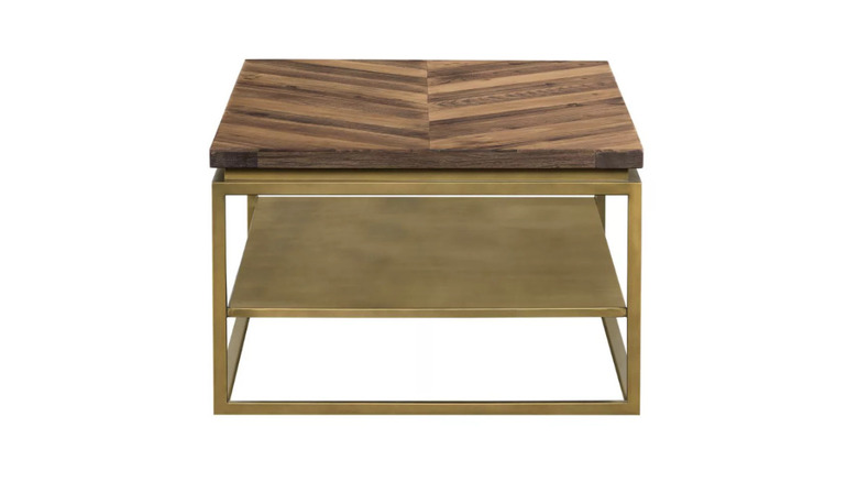 Brown wood coffee table with brass stand and wooden top