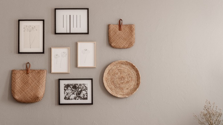 Wicker and framed wall decor