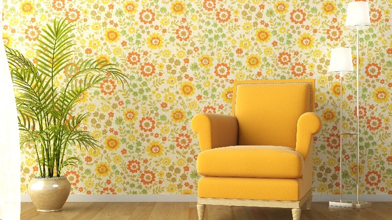 yellow room with wallpaper