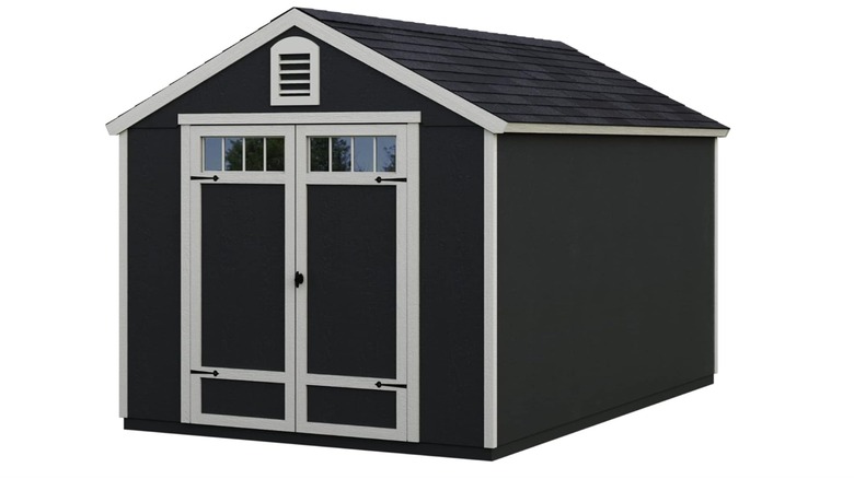 black shed with white doors