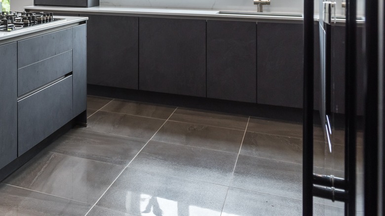 slate flooring in gray kitchen