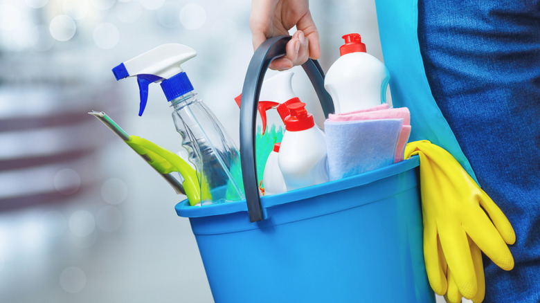 cleaning supplies in bucket