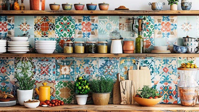 Busy backsplash is installed behind open shelving