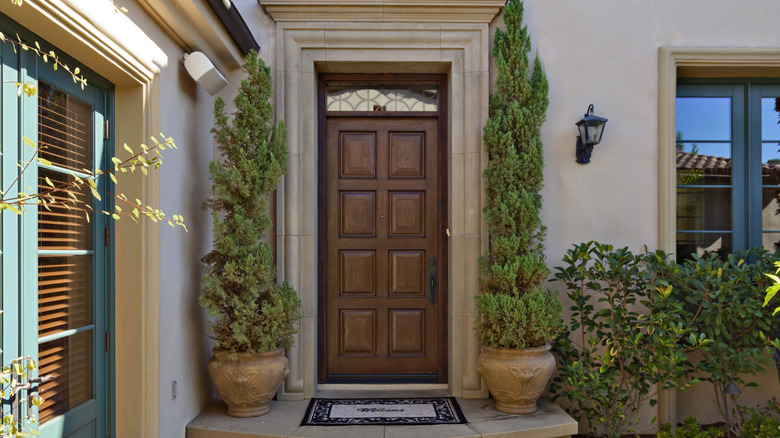 Home with a dark-stained wood door