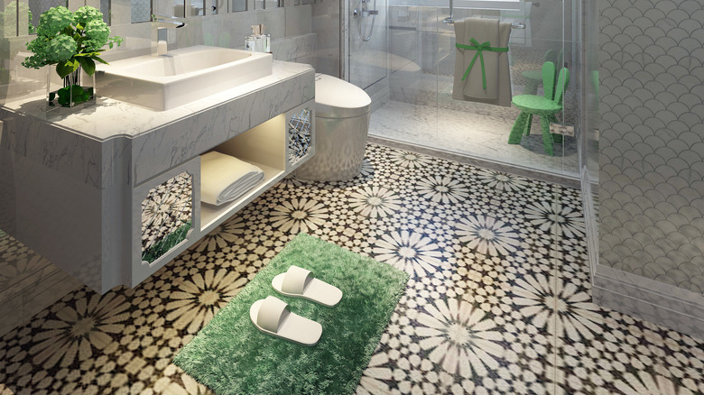 Patterned tile floor in bathroom