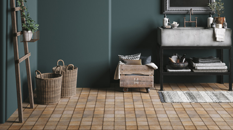 Tan tiled bathroom floor