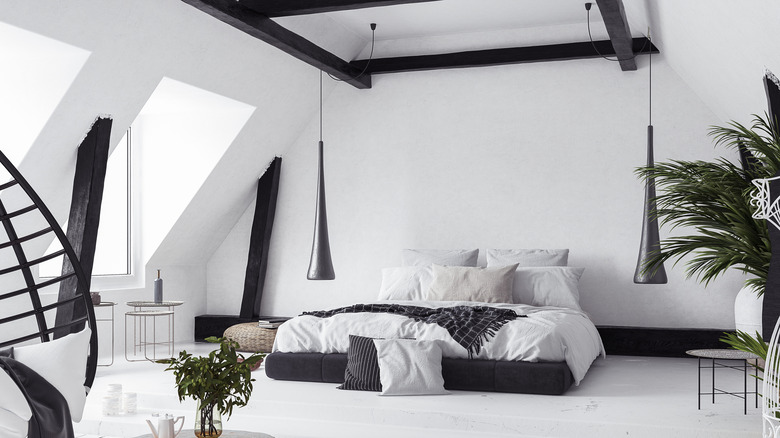 white bedroom with black trim