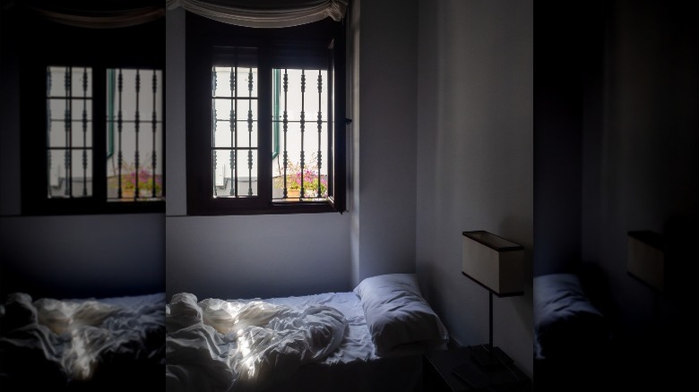 bedroom window with black trim