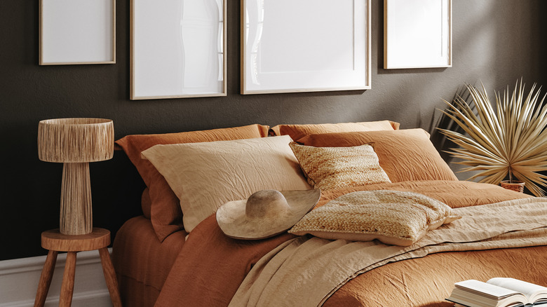 black bedroom with boho decorations