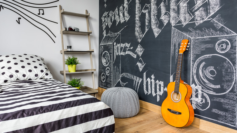 bedroom with black chalk board