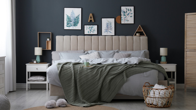 black bedroom with comfy bed