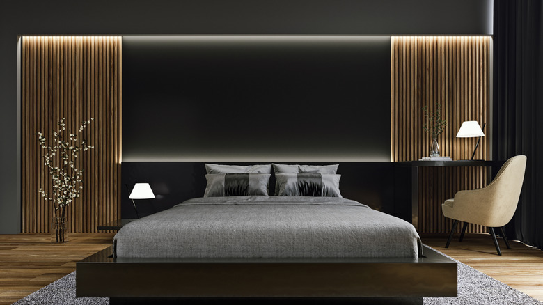 black bedroom with metal accents