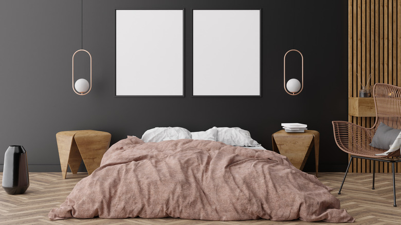 black bedroom with feminine decorations