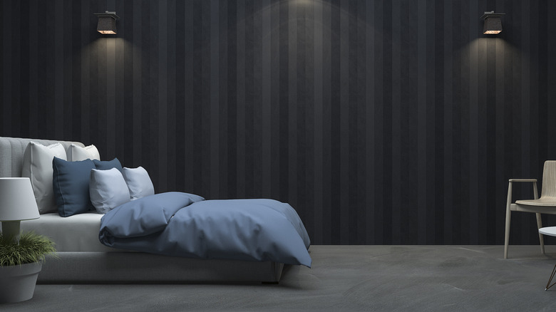 striped black wallpaper in bedroom