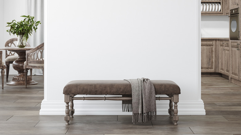 gray upholstered farmhouse bench