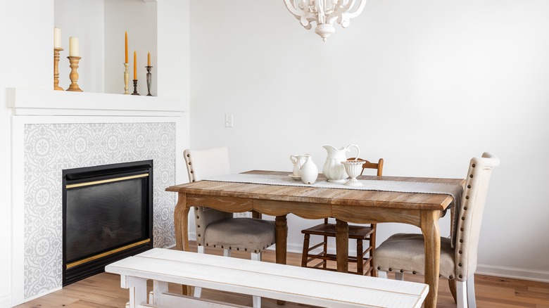 white farmhouse bench with table