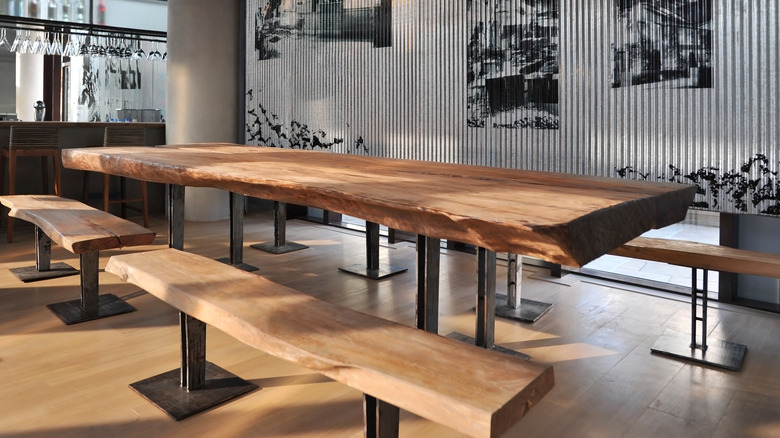 wooden benches with metal legs