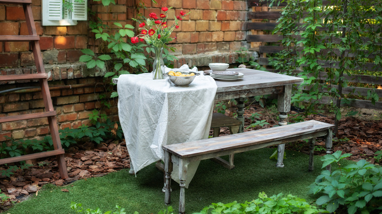 skinny gray bench outside