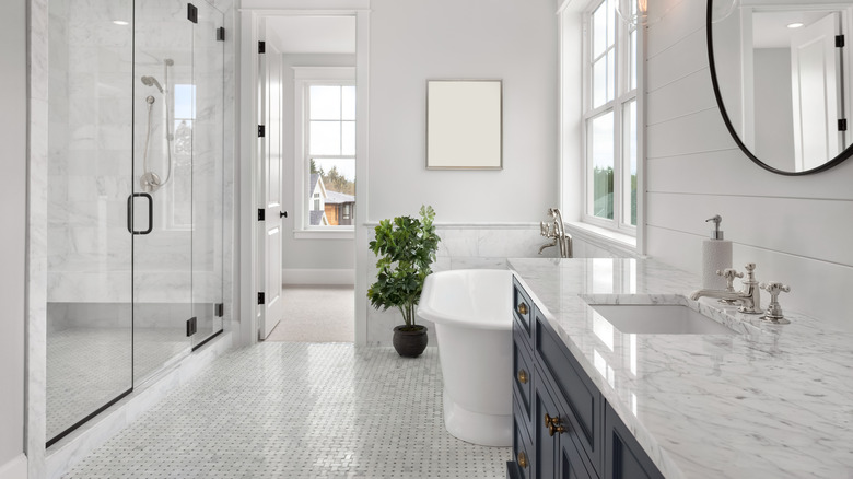 bathroom with penny tiles