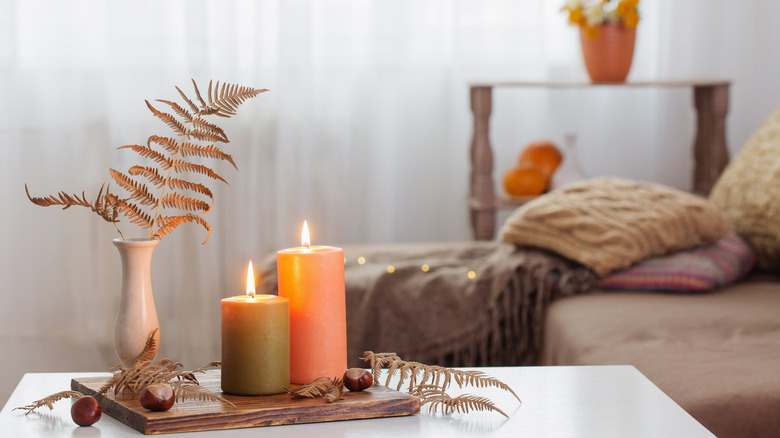 candles on wooden tray 