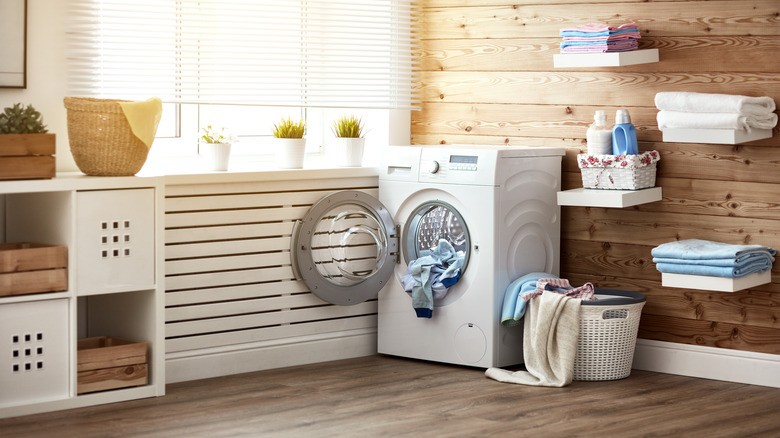 warm wood wall laundry room 