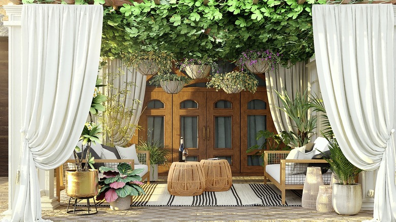 patio with hanging plants