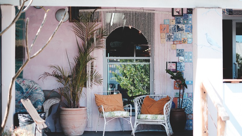 eclectic patio with bead curtain