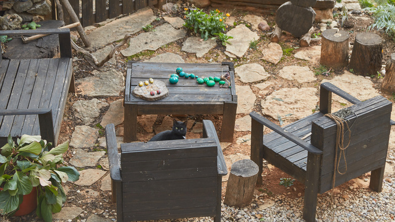 natural stone patio with cat