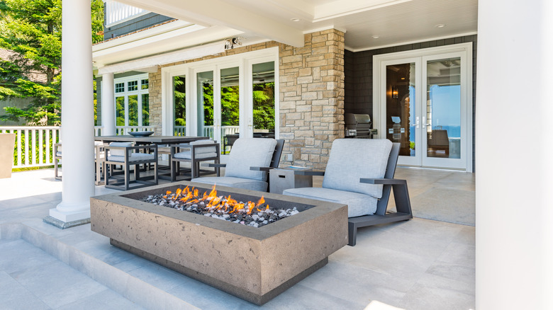 modern patio with fireplace