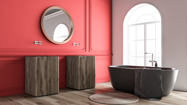 Red wall wooden sink pedestals