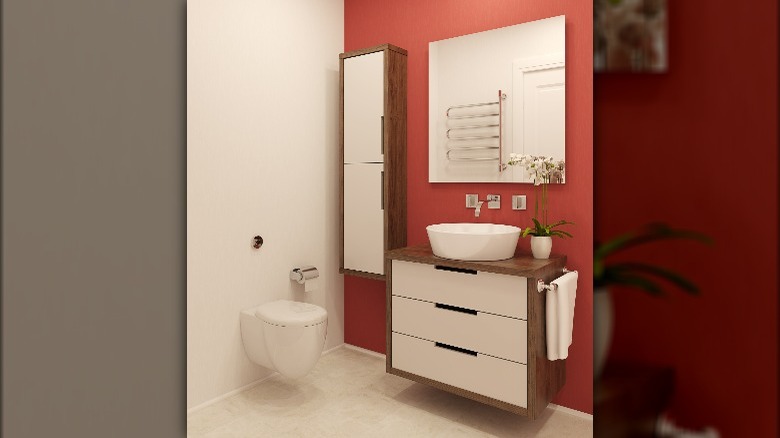 Contemporary red and white bathroom