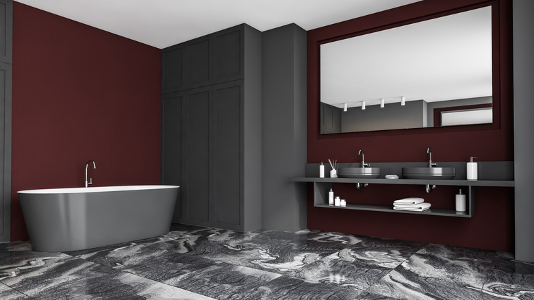 Dark cherry walls black bathroom