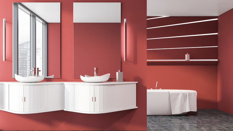 Dark coral bathroom walls