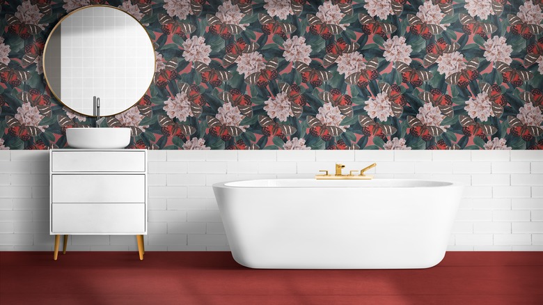 Floral bathroom wallpaper red floor