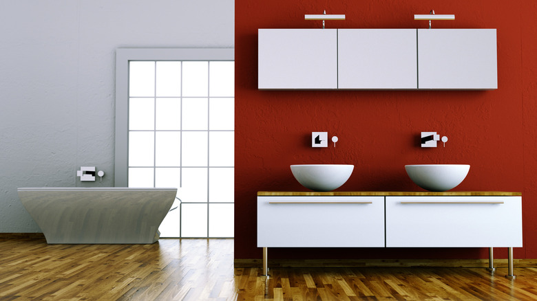 Scarlet accent wall bathroom