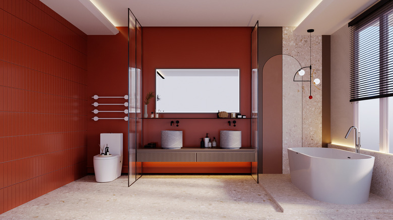 Red bathroom vertical subway tiles