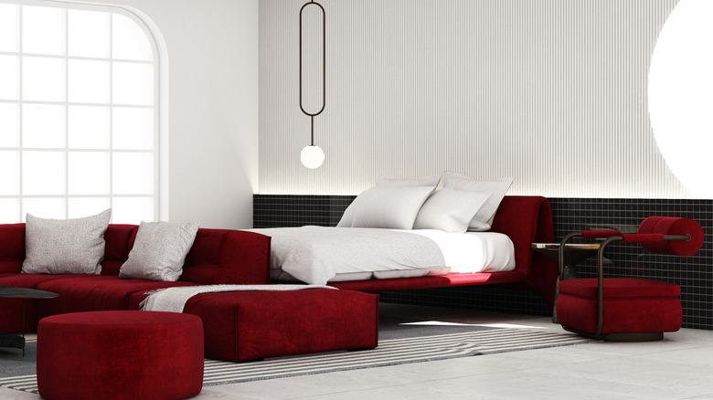 white, black, and red bedroom
